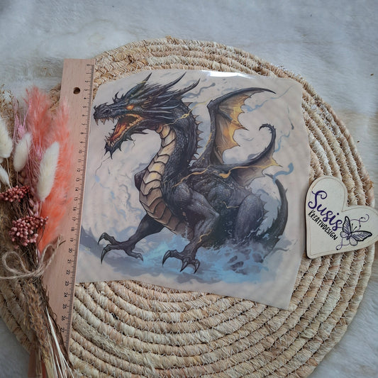 Bügelbild, Drache, schwarz, reflektierend