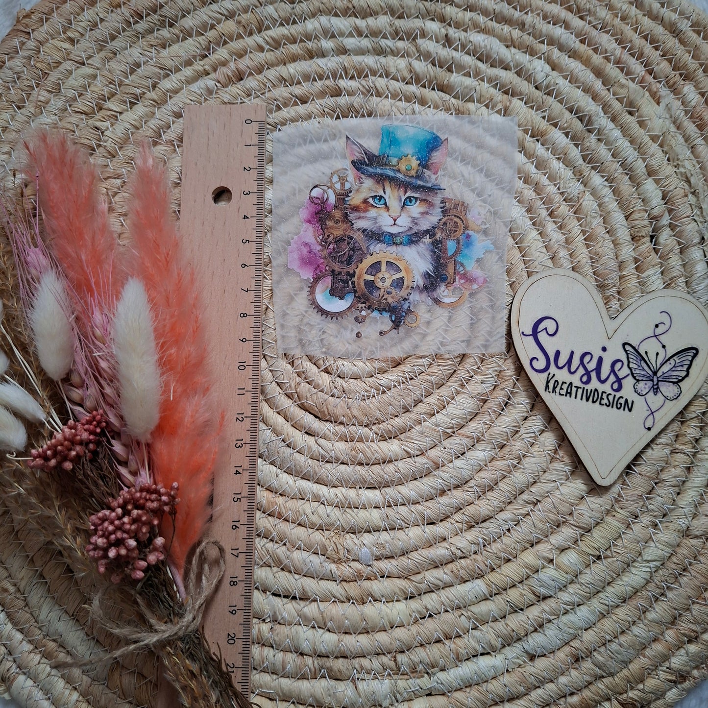 Bügelbild, Glitzer, Katze, Steampunk