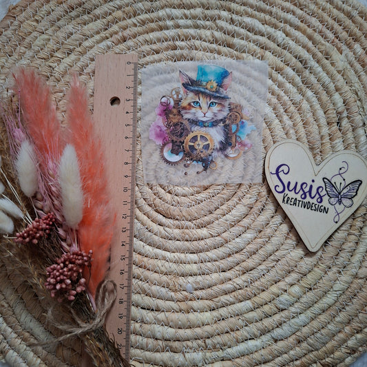 Bügelbild, Glitzer, Katze, Steampunk