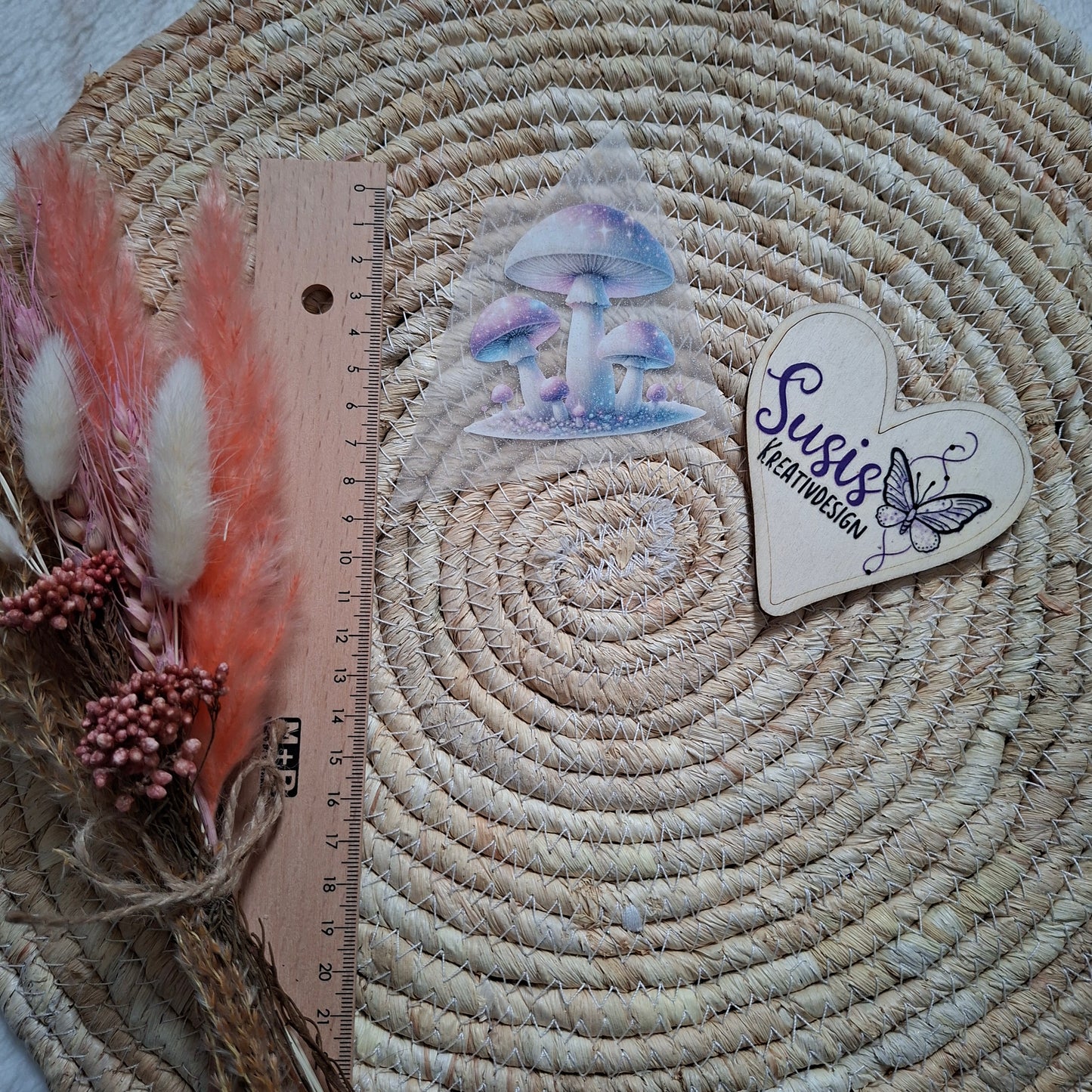 Bügelbild, Glitzer, Pilze, pastell