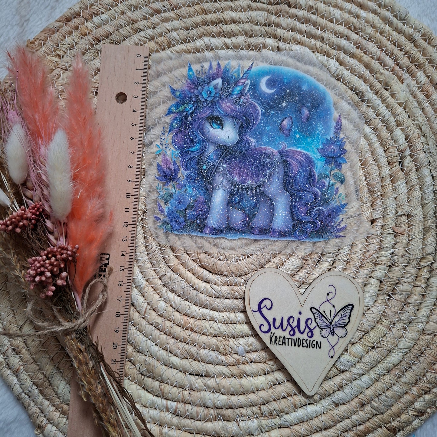 Bügelbild, Glitzer, Einhorn, Pfau, Nacht, lila