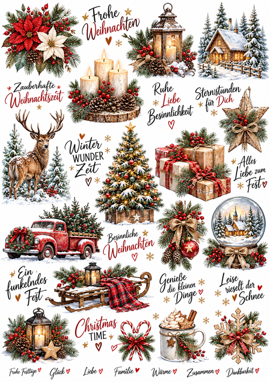 A4 Bogen Rub On rot, Weihnachten, Winter, Schriften, Raysin, Kerzenglas