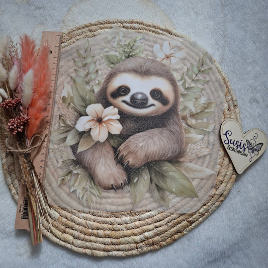 Bügelbild, Glitzer, Faultier, mit Blume