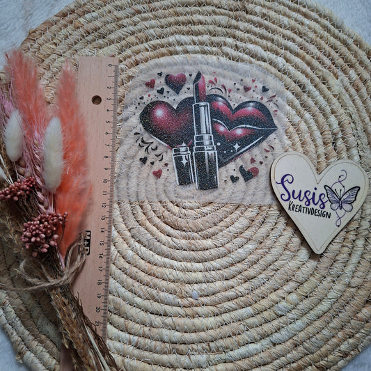 Bügelbild, Glitzer, Kussmund, Lippenstift, rot/schwarz, Herz