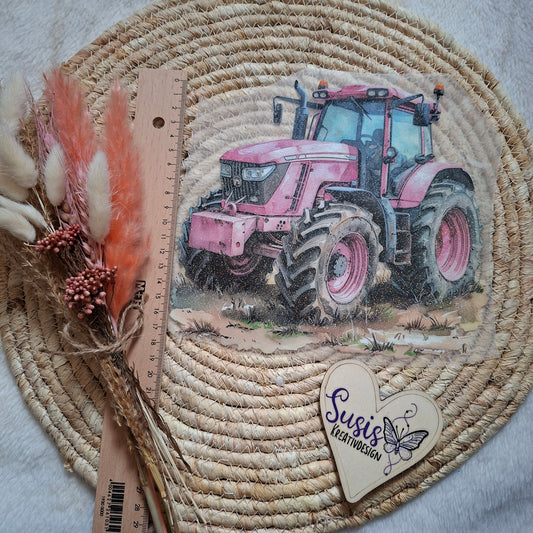 Bügelbild, Glitzer, Tratktor, pink