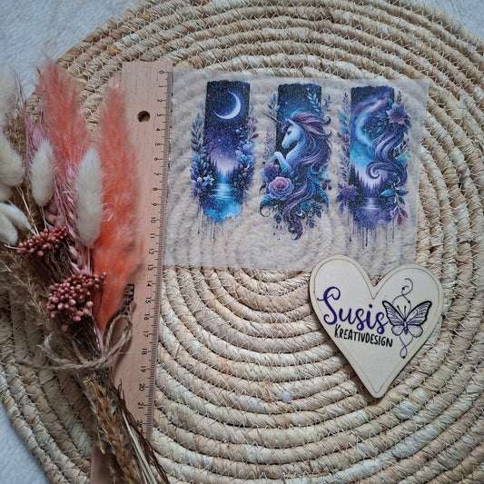 Bügelbild, Glitzer, Streifenbild, Einhörner, lila, Nacht