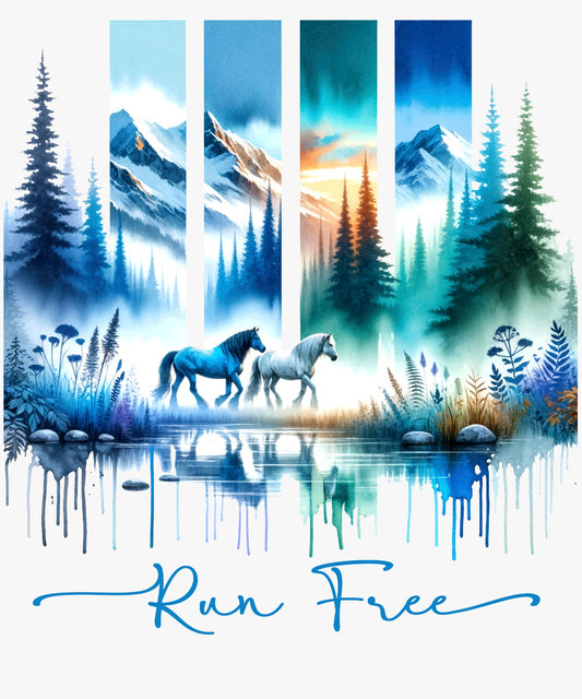 Bügelbild, Streifen, Pferde, blau, grün, gestreift, Wald, Berge