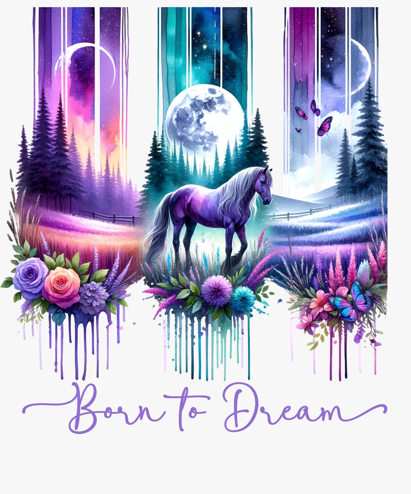 Bügelbild, Streifen, Pferd, lila, bunt, gestreift, Wald, Mond