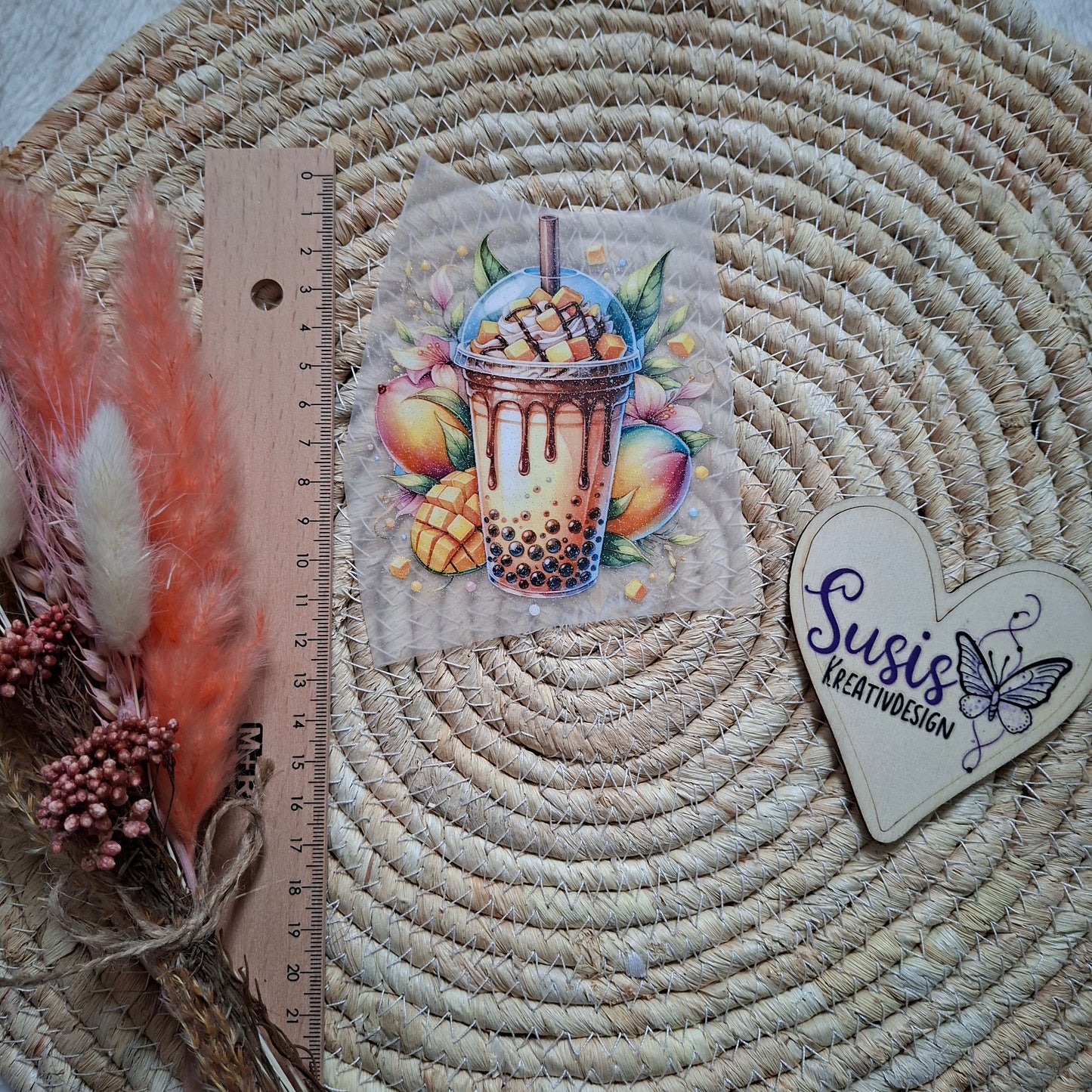 Bügelbild, Glitzer, Bubble Tea, Mango