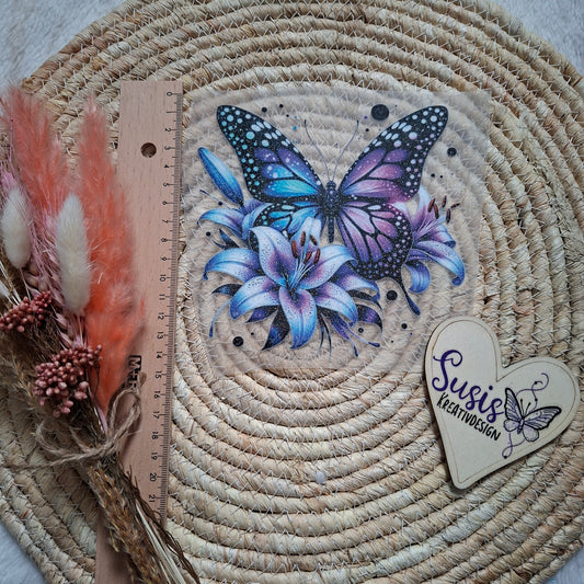 Bügelbild, Glitzer, Schmetterling, Lilie, lila