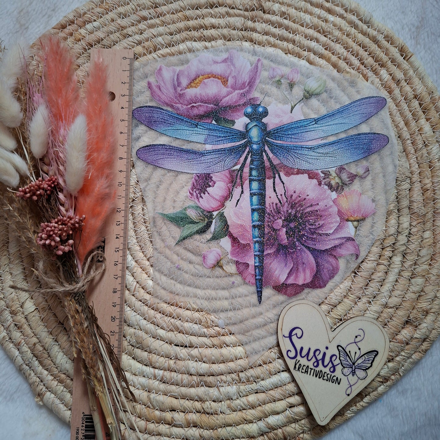 Bügelbild,Glitzer, Libelle auf Blume