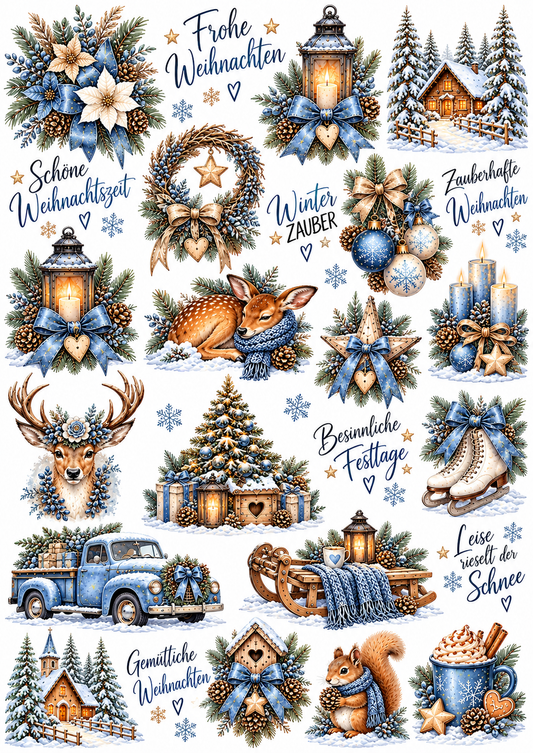 A4 Bogen Rub On blau, Weihnachten, Winter, Schriften, Raysin, Kerzenglas